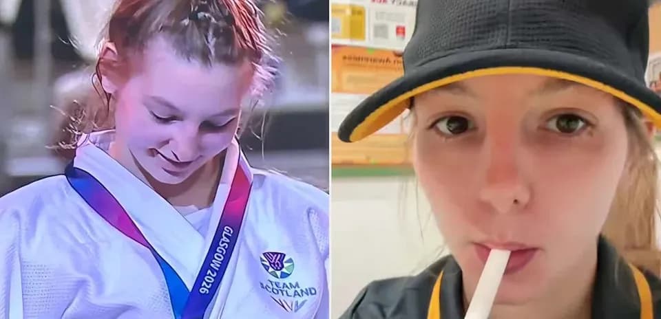 Judo athlete with medal and McDonald's uniform selfie