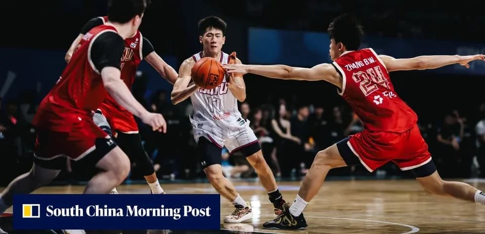 Basketball players competing for possession of the ball