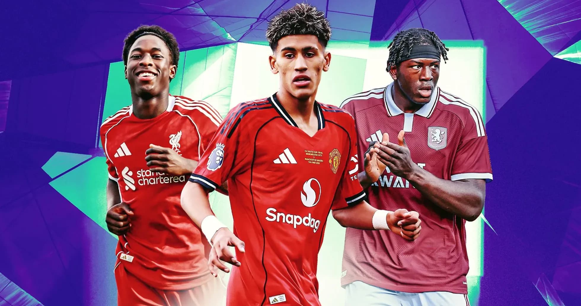Three football players wearing club jerseys