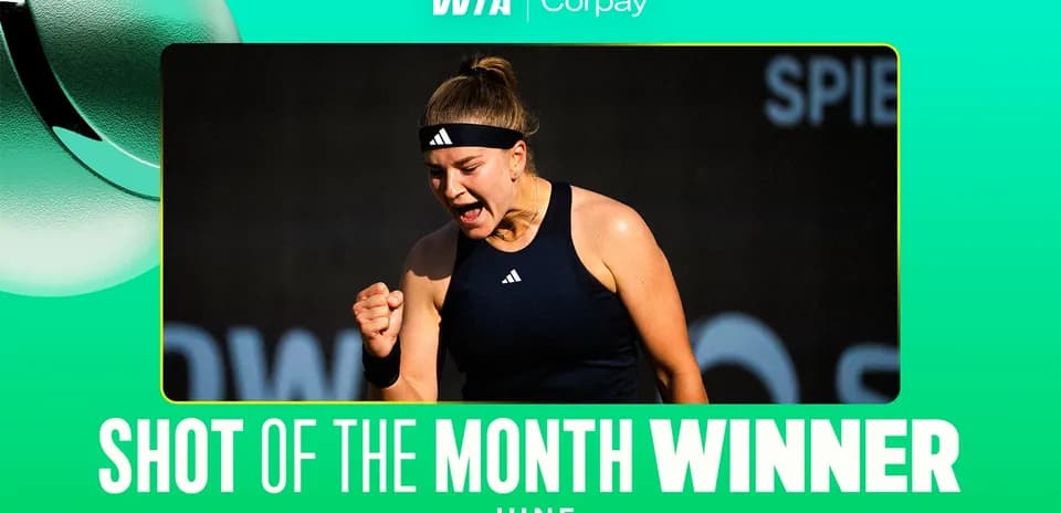 Tennis player celebrating winning shot of the month