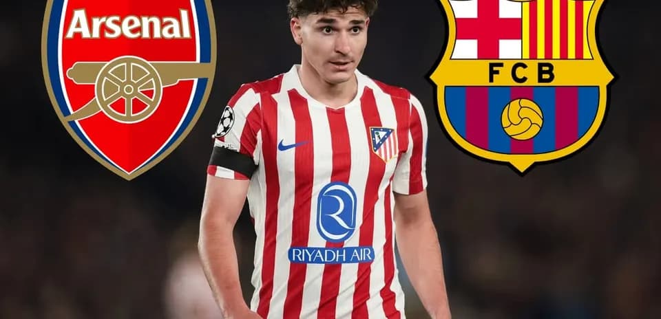 Atletico Madrid player with Arsenal and Barcelona logos