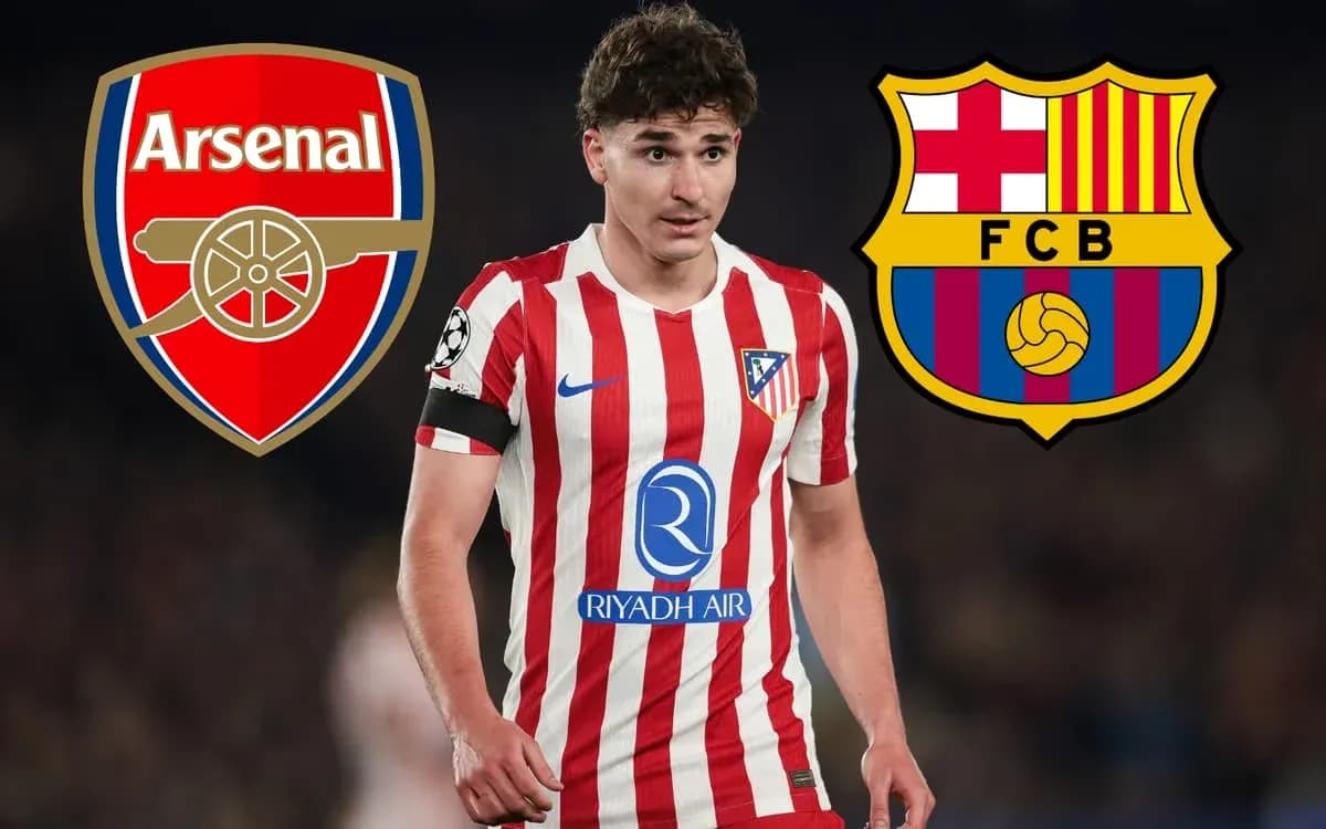 Atletico Madrid player with Arsenal and Barcelona logos