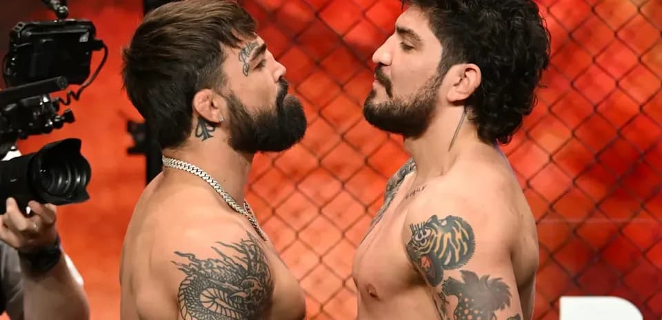 Two fighters facing off before match weigh-in