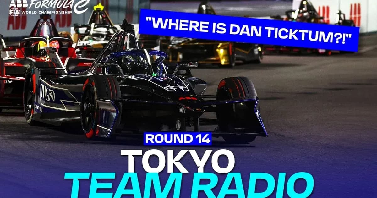 Formula E cars racing during Round 14 in Tokyo