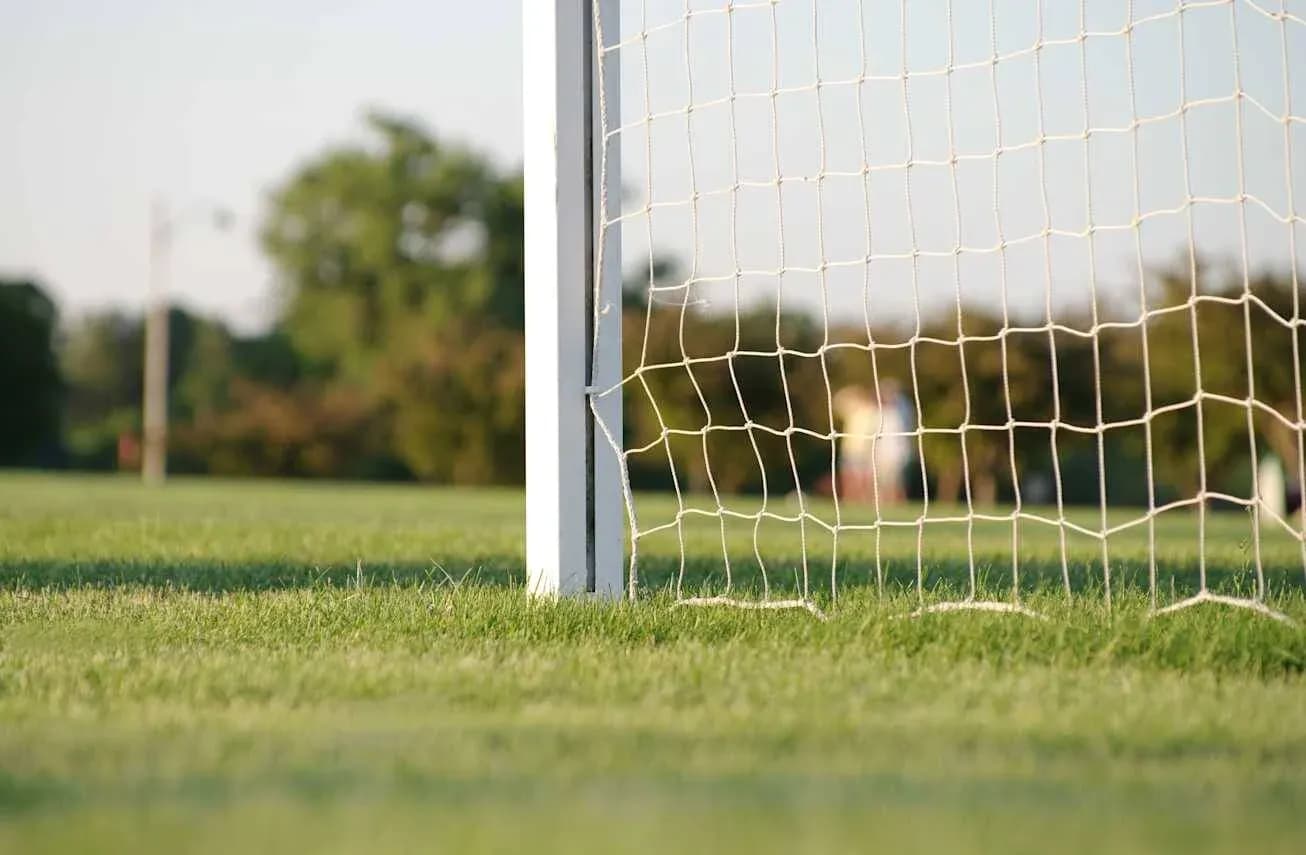 Football goalpost and net on grassy field