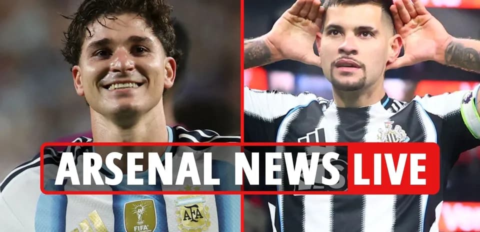 Two football players celebrating, Arsenal news headline