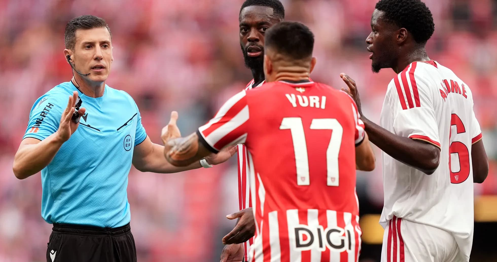 Referee discussing with players during a match