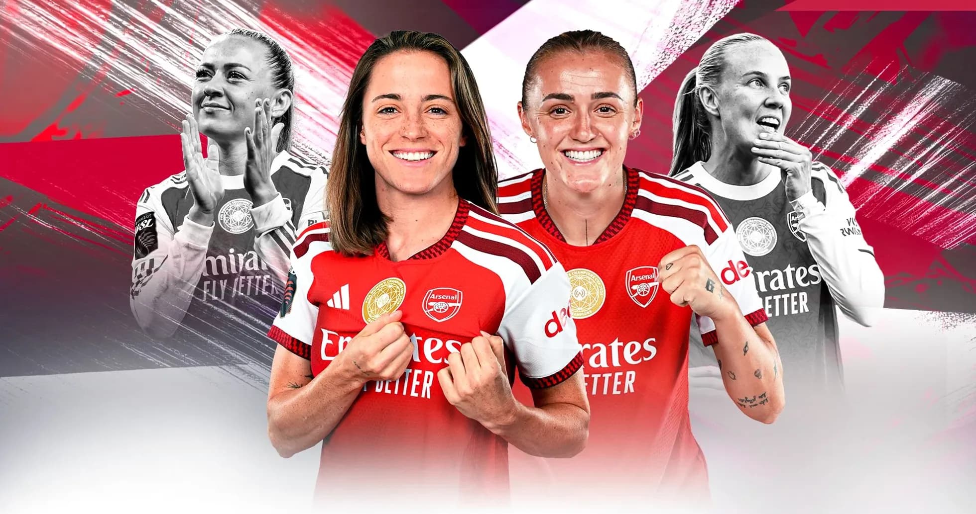 Arsenal women's players celebrating in team jerseys