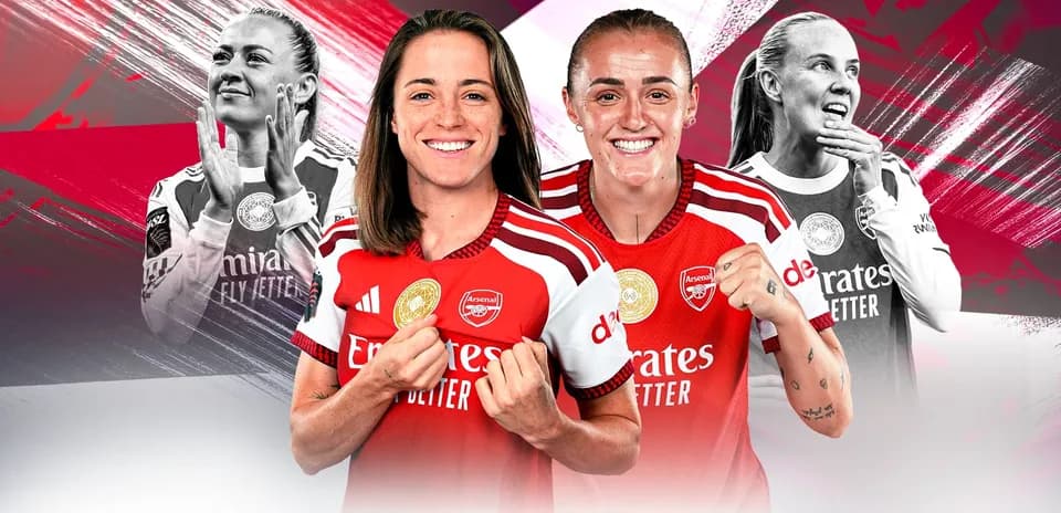 Arsenal women's players celebrating in team jerseys