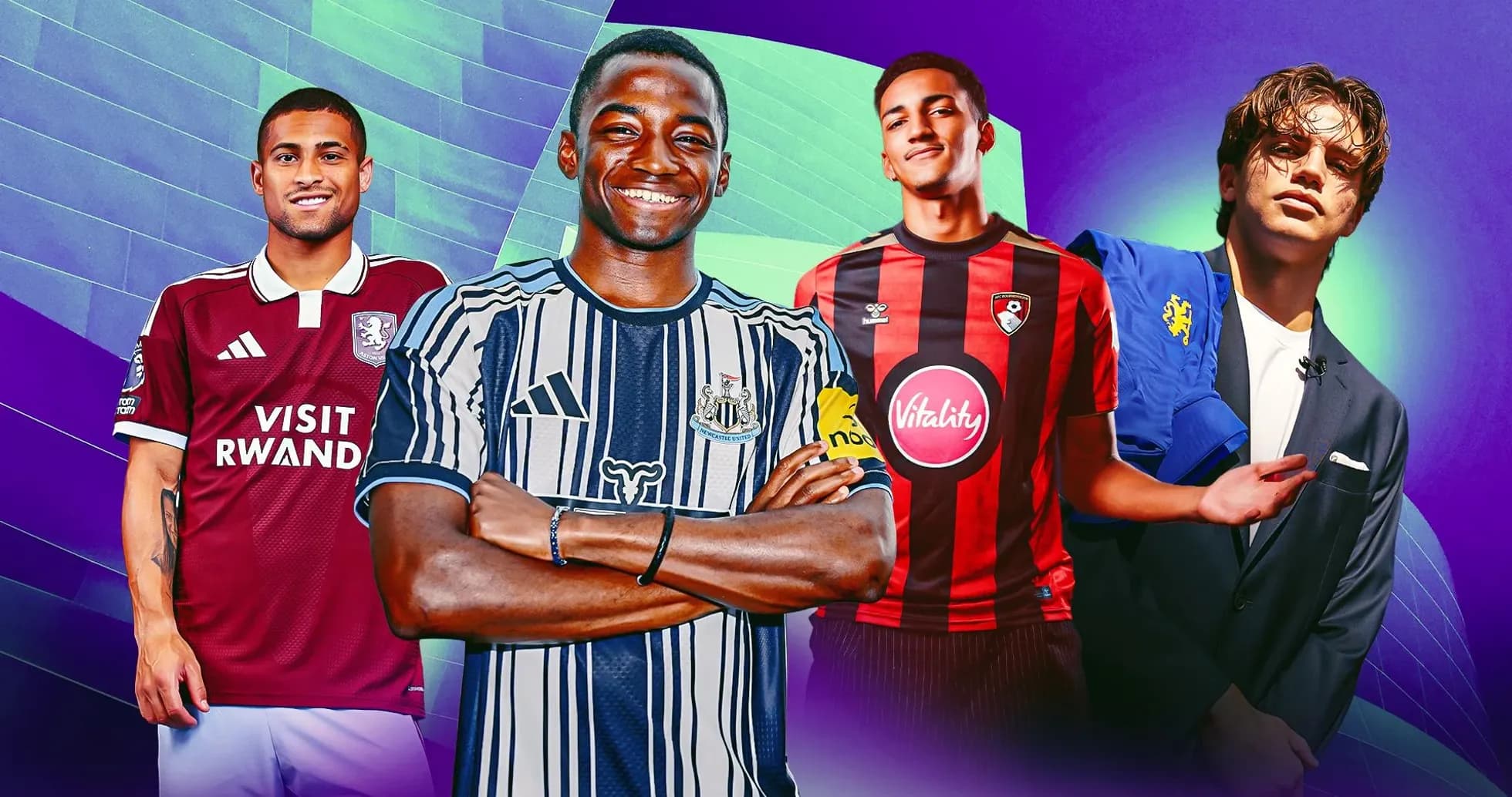 Four football players in team jerseys posing together