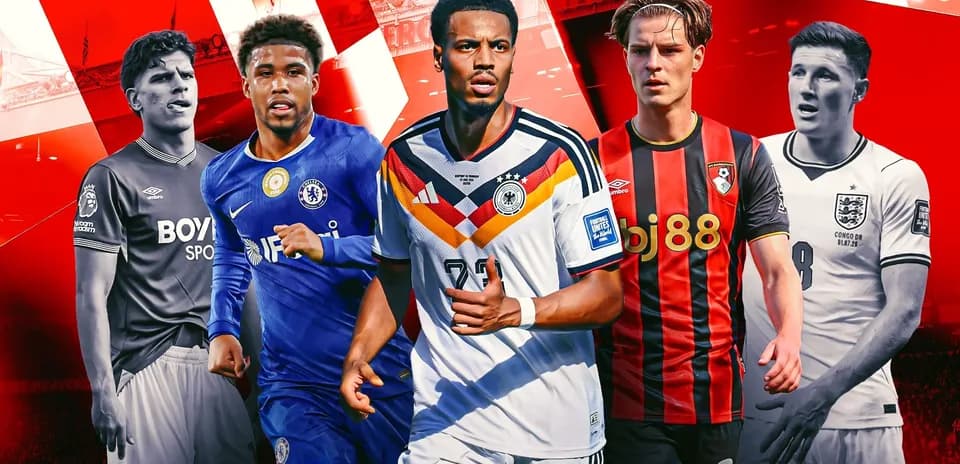 Five football players in various team kits