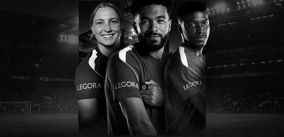 Three Chelsea FC players posing for promotional image