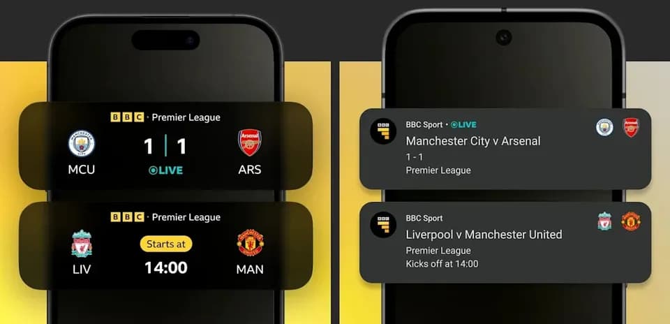 Smartphone screens displaying Premier League match updates