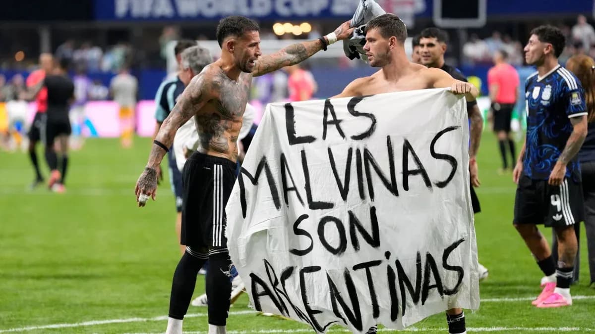 Players holding banner after match at FIFA World Cup