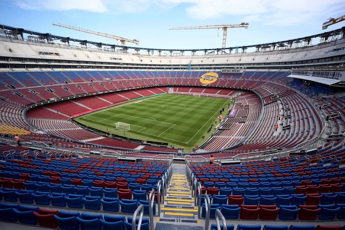 Camp Nou stadium with empty seats and field