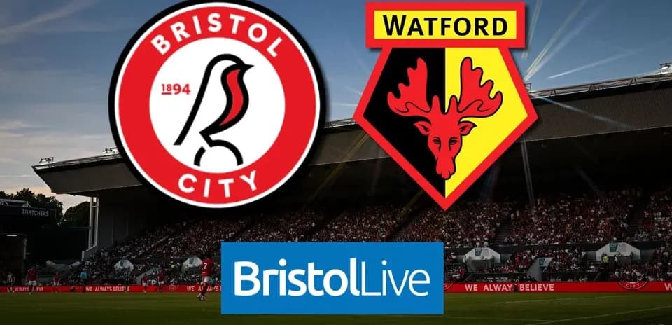 Bristol City and Watford logos with stadium background