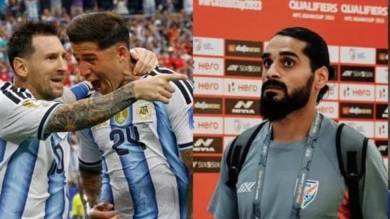 Argentina players celebrating a goal, man at press conference