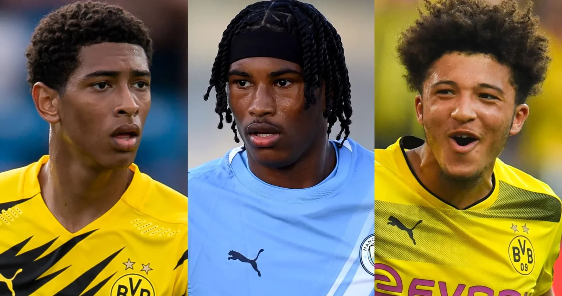 Three football players wearing different team jerseys