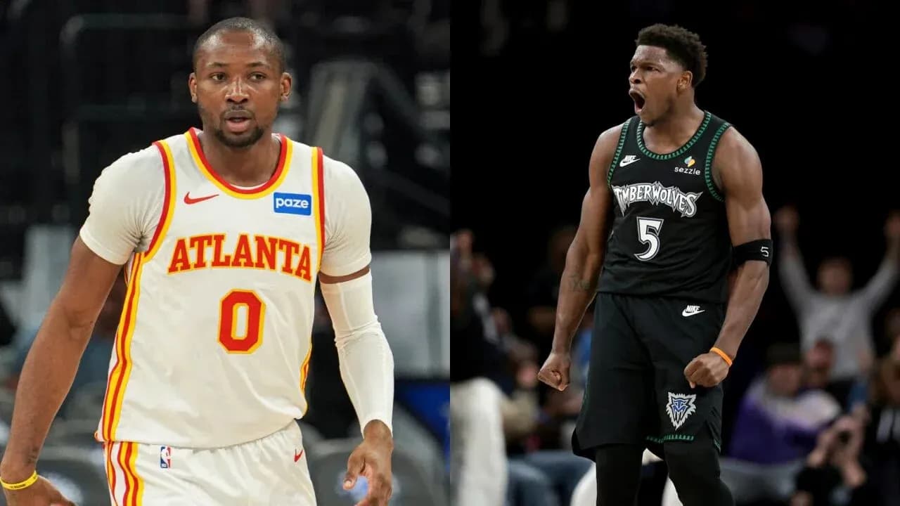 Two basketball players from different teams celebrating