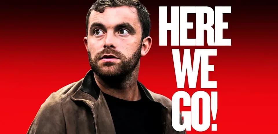 Man looking off-screen with bold text behind
