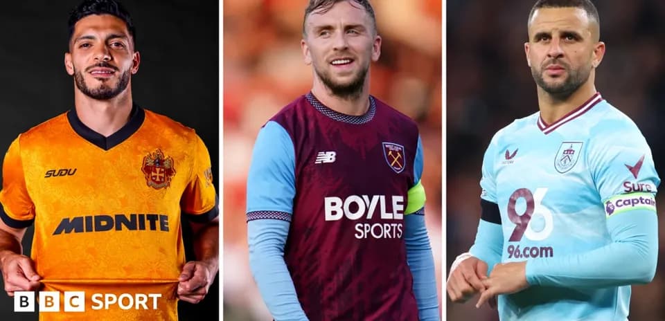 Three football players wearing team jerseys
