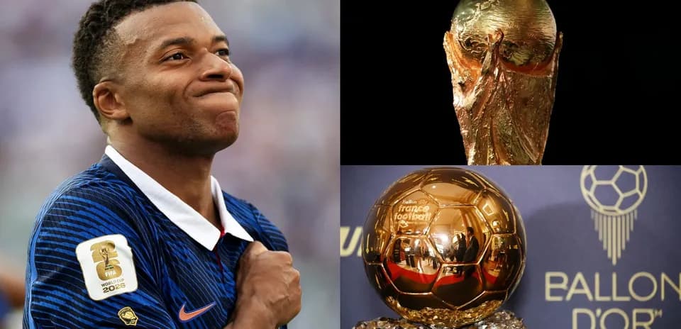 Kylian Mbappé with FIFA World Cup and Ballon d'Or