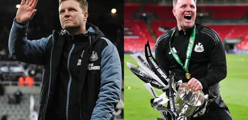 Eddie Howe celebrating with trophy after match