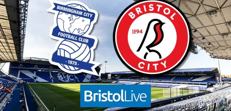 Birmingham City and Bristol City logos with stadium background