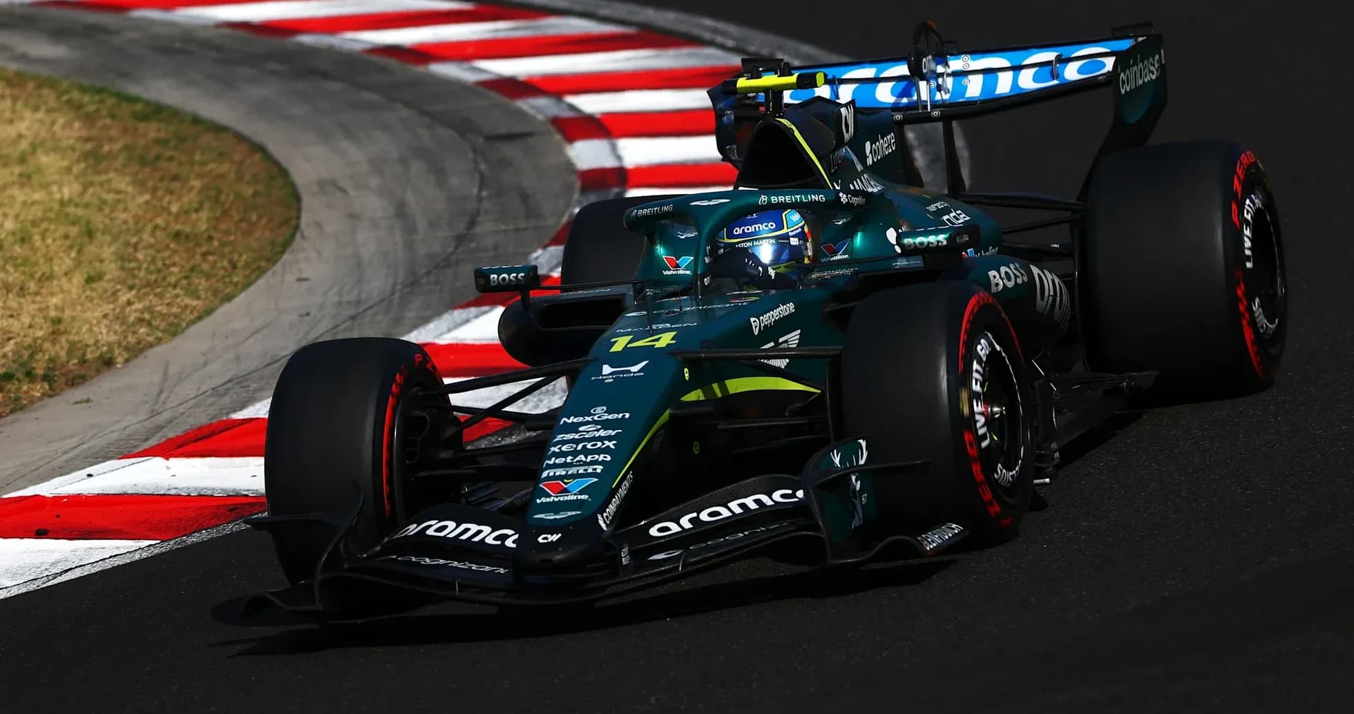 Formula 1 car navigating a corner on track