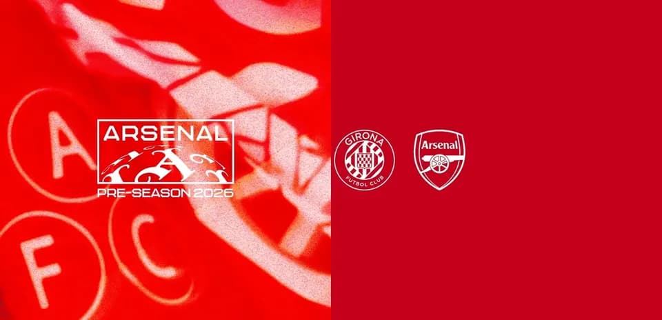 Arsenal and Girona logos on red background