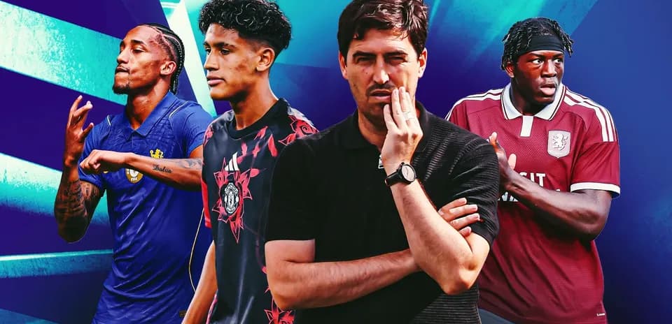 Four football players and a coach in dynamic poses