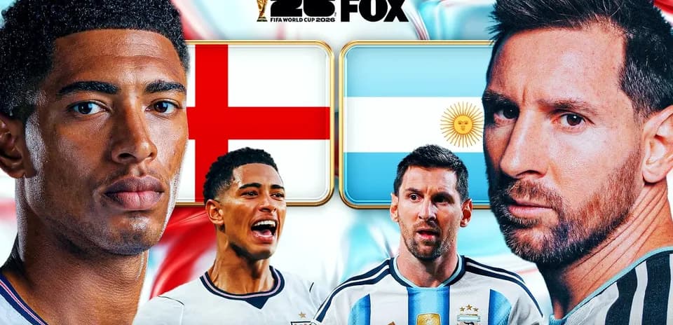 Jude Bellingham and Lionel Messi with flags of England and Argentina