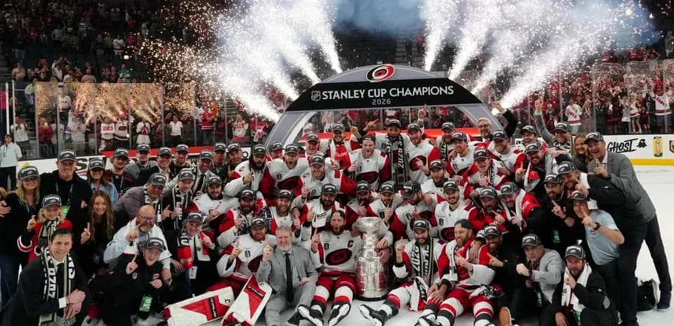 Carolina Hurricanes celebrating 2026 Stanley Cup victory
