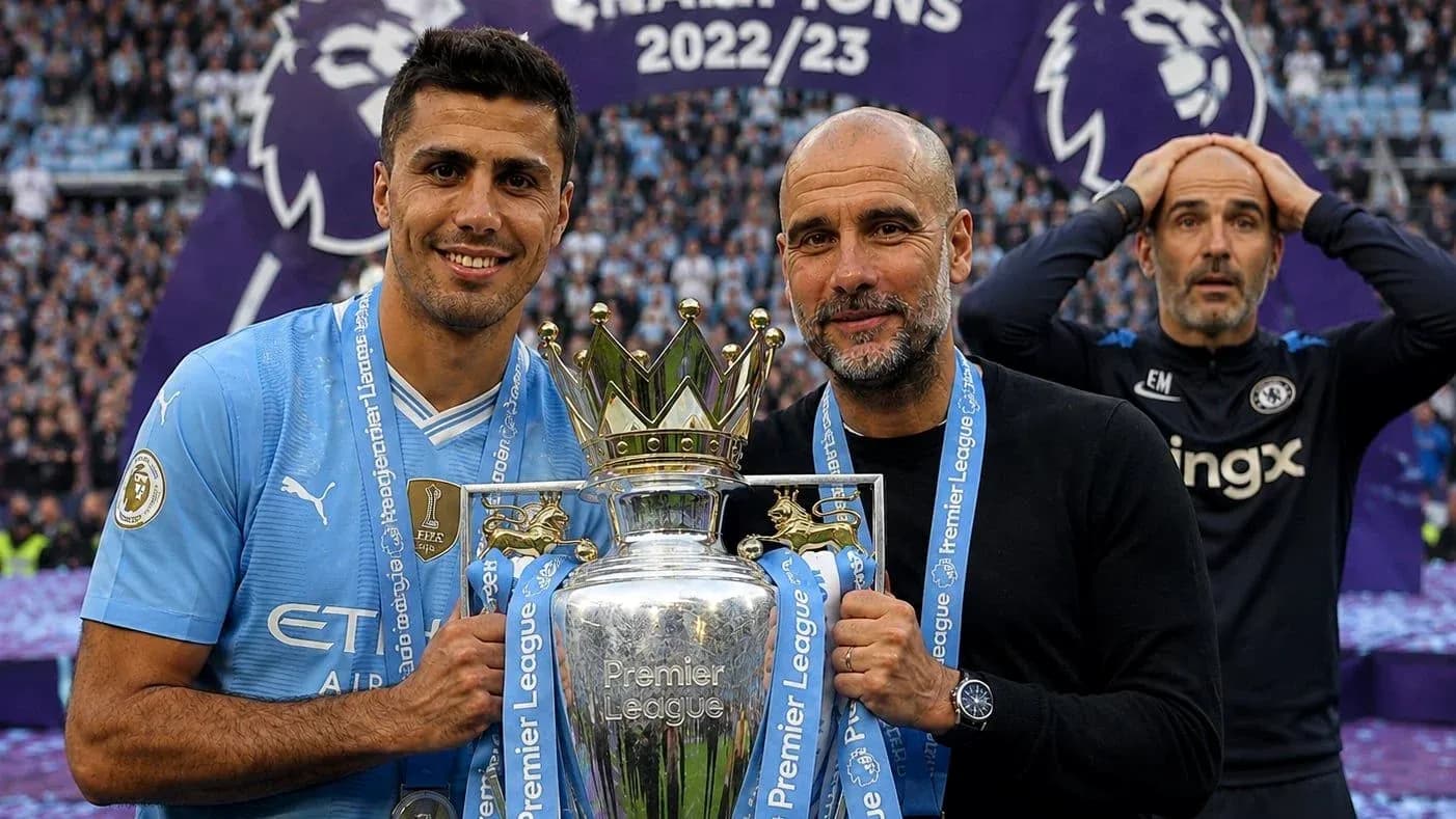 Rodri and Guardiola holding Premier League trophy