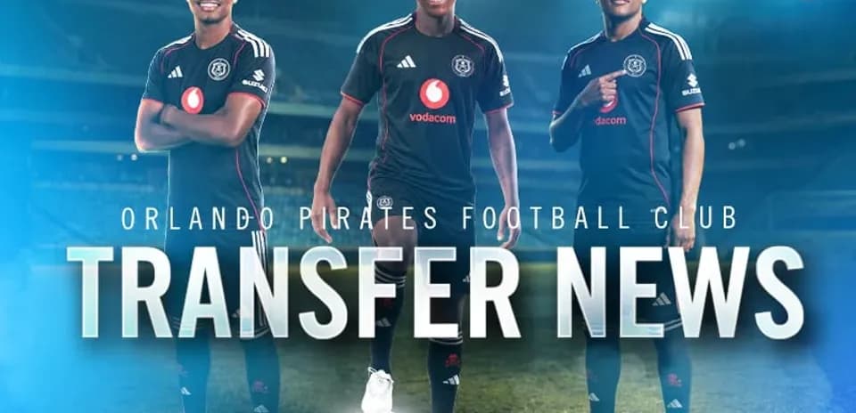 Orlando Pirates players showcasing new jerseys for transfers