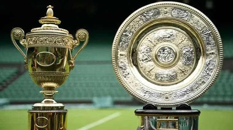 Tennis trophies displayed on the court