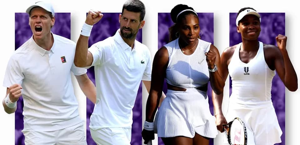 Four tennis players celebrating on a colorful background