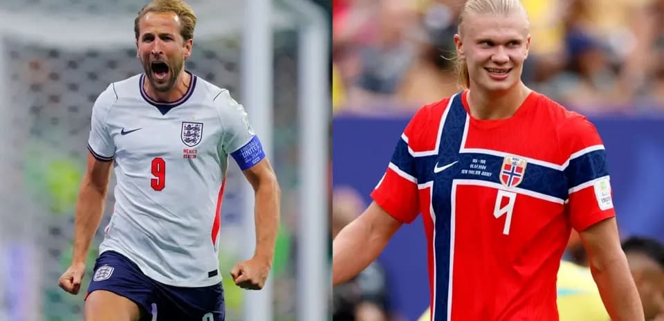 Harry Kane and Erling Haaland in football jerseys