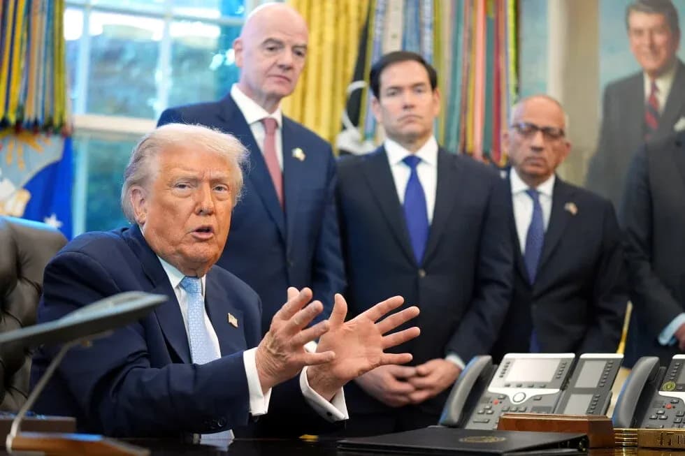 Donald Trump speaking in the Oval Office with officials