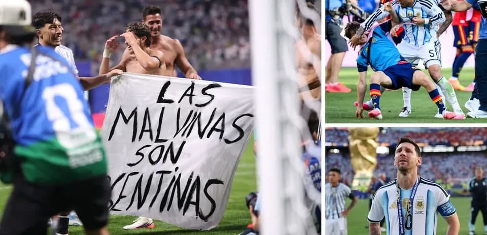 Argentinian players celebrating with banner after match