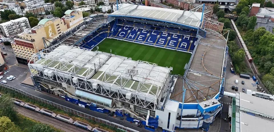 Stamford Bridge stadium with Chelsea branding visible