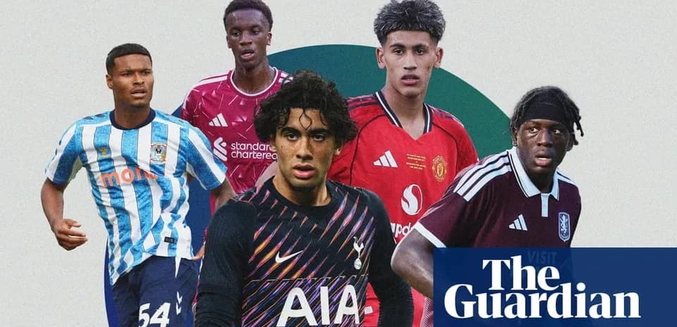 Five young football players in team jerseys