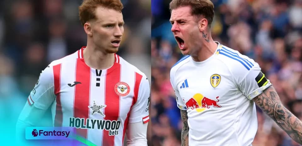 Brentford and Leeds players during match action