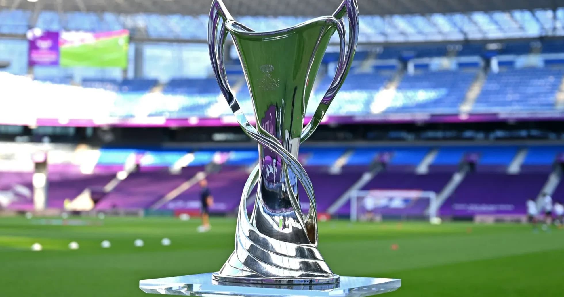 Trophy displayed on the field before match