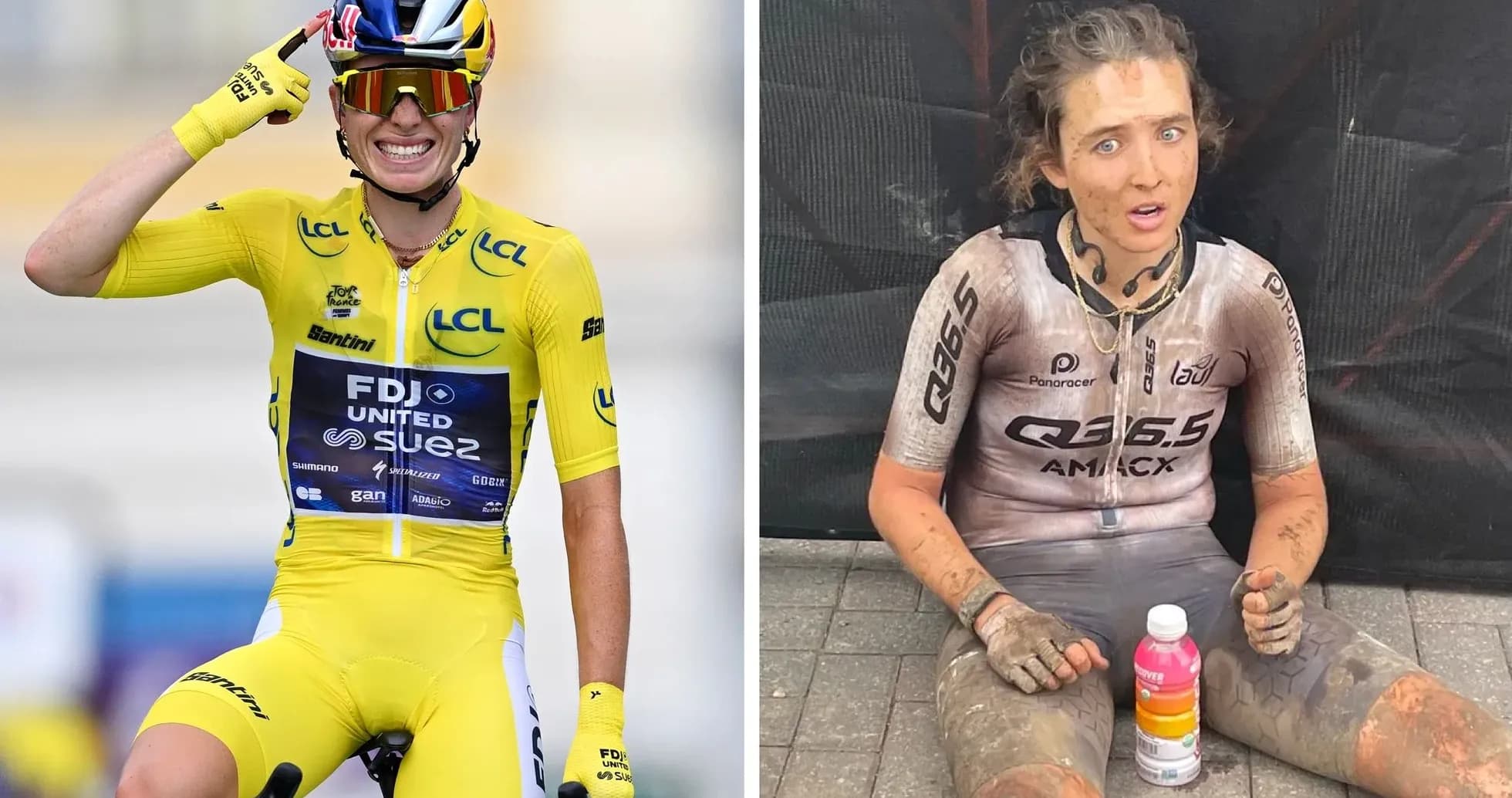 Two cyclists: one celebrating in yellow jersey, another muddy