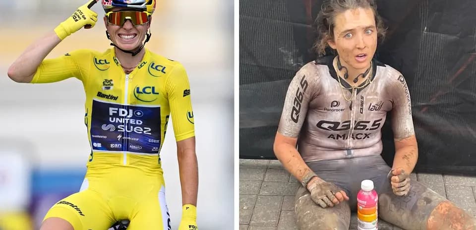 Two cyclists: one celebrating in yellow jersey, another muddy