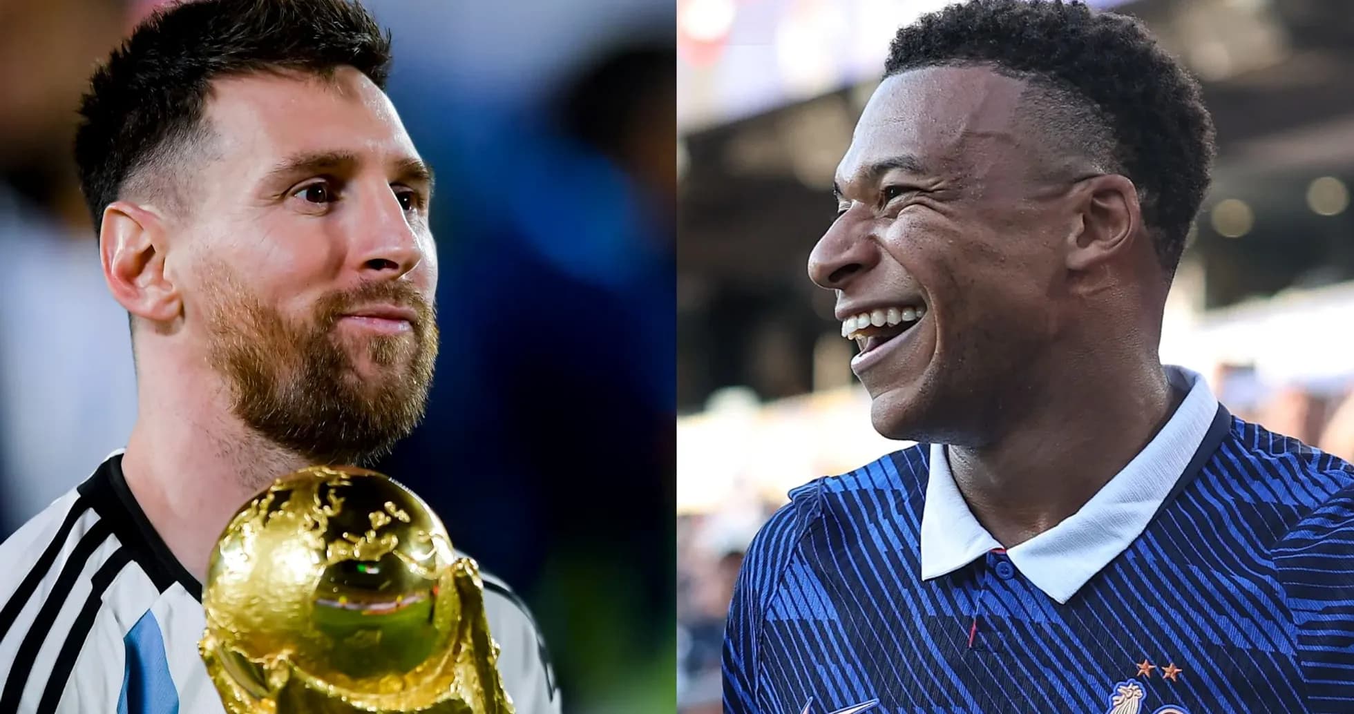 Lionel Messi holding World Cup trophy, Kylian Mbappé smiling
