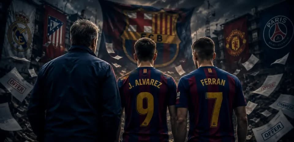 Barcelona players J. Alvarez and Ferran with coach