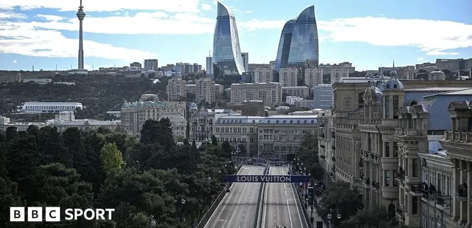 Baku cityscape with Formula 1 track and skyscrapers