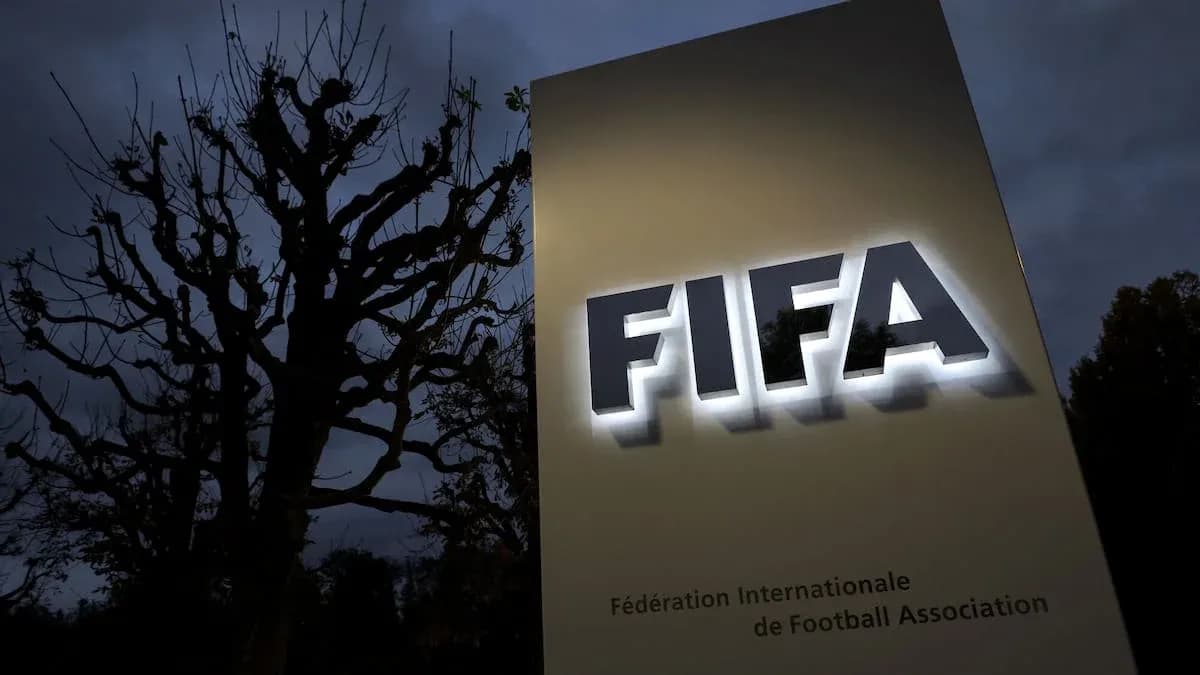 FIFA sign illuminated at dusk with tree background